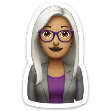 mujer riendo con piel de color blanco con gafas cabello hasta el hombro y de color marron con un computador al lado color morado sticker