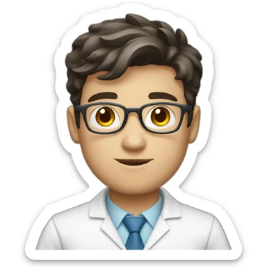 A scientist boy with white apron and wearing spectacles and dark hair and blue eyes and having camera sticker