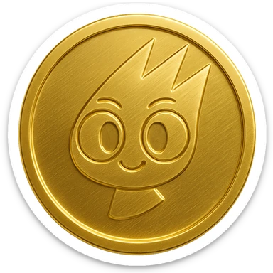 Create a simple flat gold coin with a thin rim, transparent background, no shadows. Feature only the mascot's head from the provided image in gold, centered. No neck or extra details, just the head. Style matches previous option 3 (gold objects style). sticker