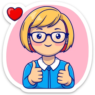 cute cartoon female psychologist with short blonde bob, red-rimmed glasses, pink red yellow palette, giving supportive thumbs up, surrounded by hearts sticker