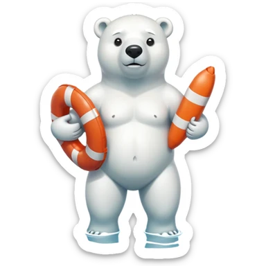 full body friendly anthropomorphised polar bear wearing swim shorts and swim goggles, standing in water, holding a life buoy sticker