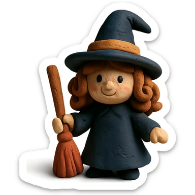 claymation style witch with caramel brown curly hair sticker