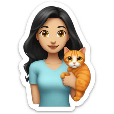 Girl with black hair parted in the middle is holding an orange cat sticker