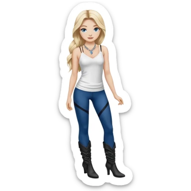 2yk Blonde model silk balayage long hair herringbone braid women with blue eyes wearing White Spaghetti top and black Leggins and Boots with heels and a Subtle rhinestone necklace  sticker