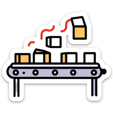 Conveyor belt system moving small cubes in sequence, automation concept sticker
