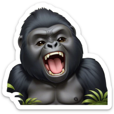 Cinematic Cute Yawning mountain Gorilla Portrait Emoji, Head tilted slightly with a dramatic, wide-open yawn, showcasing a formidable build with a black and greyy mane and drowsy, half-closed eyes, Simplified yet irresistibly adorable features, highly detailed, glowing with a soft, cozy jungle glow, high shine, relaxed yet expressive, stylized with a dash of whimsical primate charm, soft glowing outline, capturing the essence of a drowsy yet affectionate guardian that appears ready to stretch out for a nap! sticker