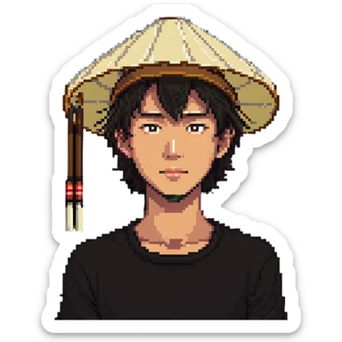 young Asian man with a rice hat sticker