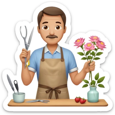 Middle-aged male florist – apron on, trimming stems with scissors sticker
