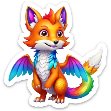 Cartoon Fox dragon hybrid with wings face front full body rainbow colored sticker