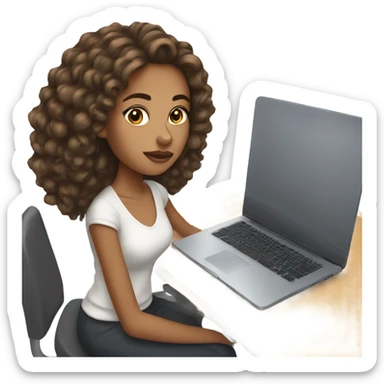 Mixed girl with brown hair in a half up half down hairstyle typing on laptop sticker