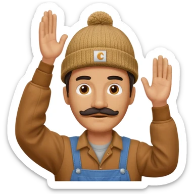 Woodworker thick straight mustache knit cap Carhartt shirt, one hand raised above head small eyes sticker