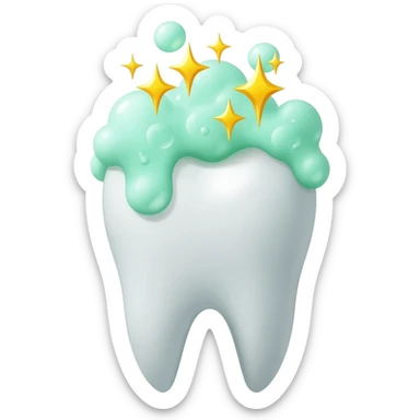 A white tooth being cleaned with watergreen foam and giving off golden shinning stars & watergreen bubbles from the top sticker