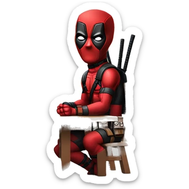 Cute Deadpool sitting at a desk, front view sticker