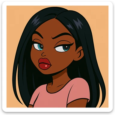 Change her pose to a side-eye, headshot only, 20-year-old anime Bratz style woman with dark skin, straight hair, more casual outfit, big expressive eyes, glossy lips, no hat, no tears, confident and aloof expression, snooty attitude, nose turned up. Render in anime Bratz style with emphasis on glossy lips and big expressive eyes, confident and aloof expression, no hat, no tears. sticker