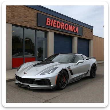 Photo of a Corvette Z06 silver parked next to polish shop "biedronka" sticker