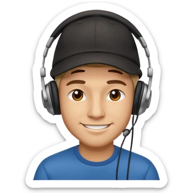 A guy smirking with a cap and headphones sticker