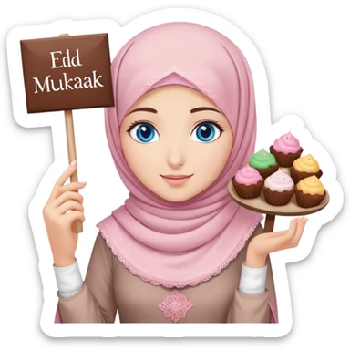 Turkish beautiful finish Konya girl blue eyes with powder pink brown hijab islamic dress and had on her hand text Eid Mubarak with sweets and celebrating with her friends eid days   sticker