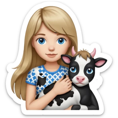 Apple-style emoji sticker of a young woman with long dark blond hair and bang, blue eyes , holding a cat black and white like a cow patch on her chest.  sticker