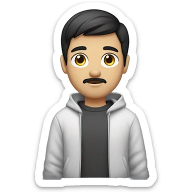 gamer boy with short shaved black hair, shaved goatee and mustache, black eyes and a sweatshirt. sticker