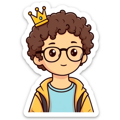 Brown eyed curly hair boy with crown and glasses sticker