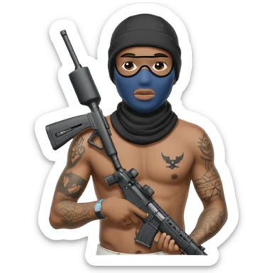 Ebony Crip gang member with no shirt an ski mask with tattoos all over holding AR 15 sticker