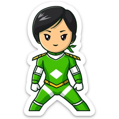 wasian girl in a green Power Ranger suit, black straight hair, black eyes sticker