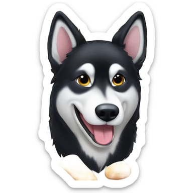 Big fat all black husky dog eating a bunch of food sticker
