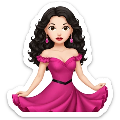 mature brunette girl, long black wavy hair, pink lipstick, red dance dress, big earrings, confident expression sticker