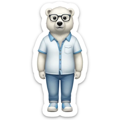 friendly anthropomorphised polar bear standing upright, looking relaxed, wearing a shirt, jeans, trainers, extravagant glasses sticker