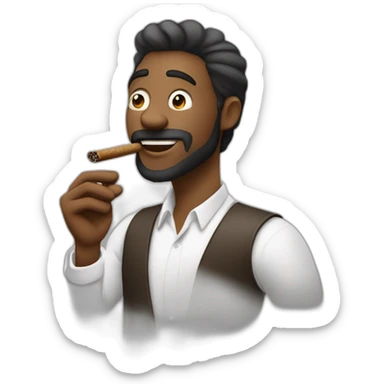 Hombre de pelo largo programando con un cigarro en la mano derecha y en la mano izquierda un cafe, pelo negro blanco  sticker