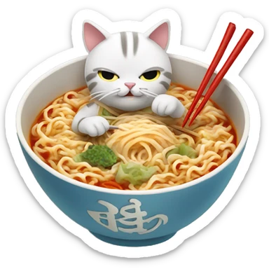 A cat eating ramen with chopsticks sticker
