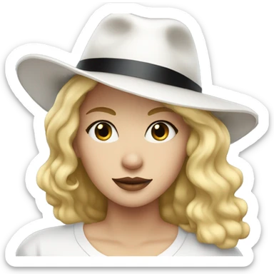 blonde white woman wearing an oversized plain glittery white tshirt + black fedora sticker