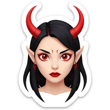 Head only demon girl, strong pronounced cheekbones, sharp angular jawline, skin fully pure red everywhere, long straight sleek black hair, small ho sticker