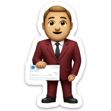 fat guy in dark red velvet suit holding cheque sticker