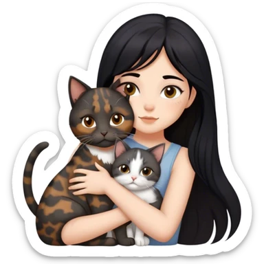 girl with black hair hugging three cats  (tortie cat, gray cat, brown calico cat) sticker