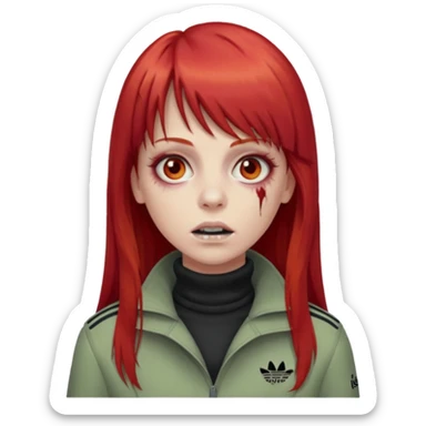 Crie um emoji de uma menina zumbi  com o cabelo vermelho longo com uma franja reta casaco de gola alta da adidas sticker