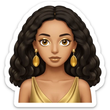 Solange brown eyes, black long hair, gold dress with earrings sticker