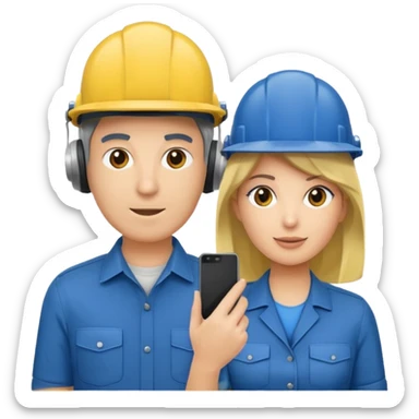 Um homem e uma mulher amarelos com capacete azul escuro e camisa social cinza. Um deles deve estar segurando um megafone  sticker