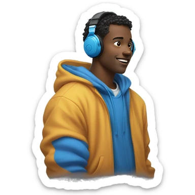 Young Man Wearing oversized blue headphones and a cozy hoodie, he looks ahead with an open expression. His headphones frame his face, as he immerses himself in the vibrant world of sound. sticker