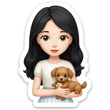 A beautiful girl with long straight black hair wearing a white skirt holding a small brown curly teddy dog sticker