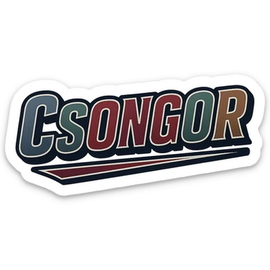 Csongor name in masculine, modern gradient font with dark contour, thin and clearly visible white border around letters, dynamic slanted underline, masculine color shades (blue, gray, burgundy, green, brown), 1000x1000 px, PNG, transparent background, in the style of the uploaded Attila sample. sticker