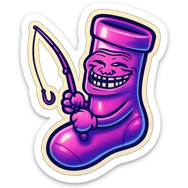 A neon-purple sock with a trolling face, holding a fishing rod, representing trolling or baiting. sticker