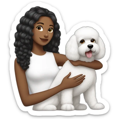 mujer pelo negro largo y perro bichon blanco sticker