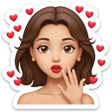 Light skin brunette with light brown eyes blowing a kiss with little hearts  sticker