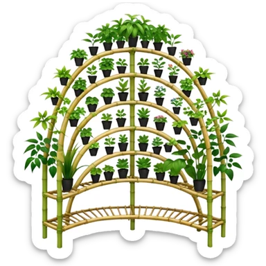 Very Large alien-futuristic multi-tier multi-level curved plant rack, which holds thirty-five plants, constructed from 7/8ths of an inch thin vining bamboo poles  sticker