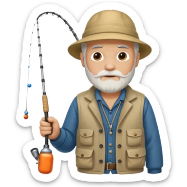 an old white haired, bearded man in fisherman attire, sat in a big boat on the ocean, holding one fishing rod in one hand, with the end of the fishing line touching the water sticker