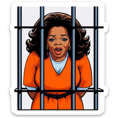 Oprah Winfrey in jail wearing an orange jumpsuit behind bars make her look sad put her in a jail cell more realistic sticker
