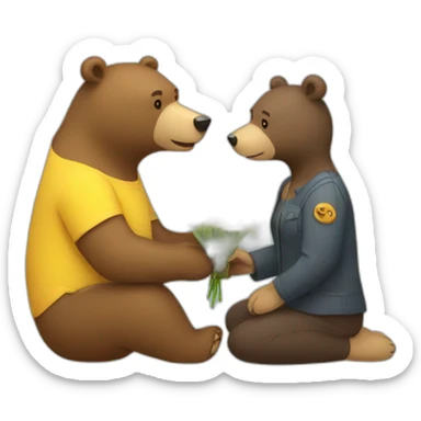 A male bear giving a female bear a yellow flower sticker