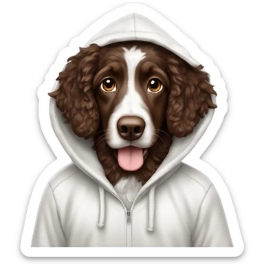 Solid chocolate Aussie doodle in a white hoodie with the hood up sticker