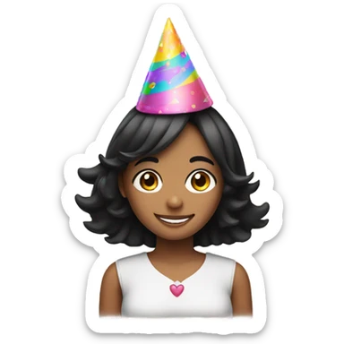 smiling girl with black hair and birthday hat sticker
